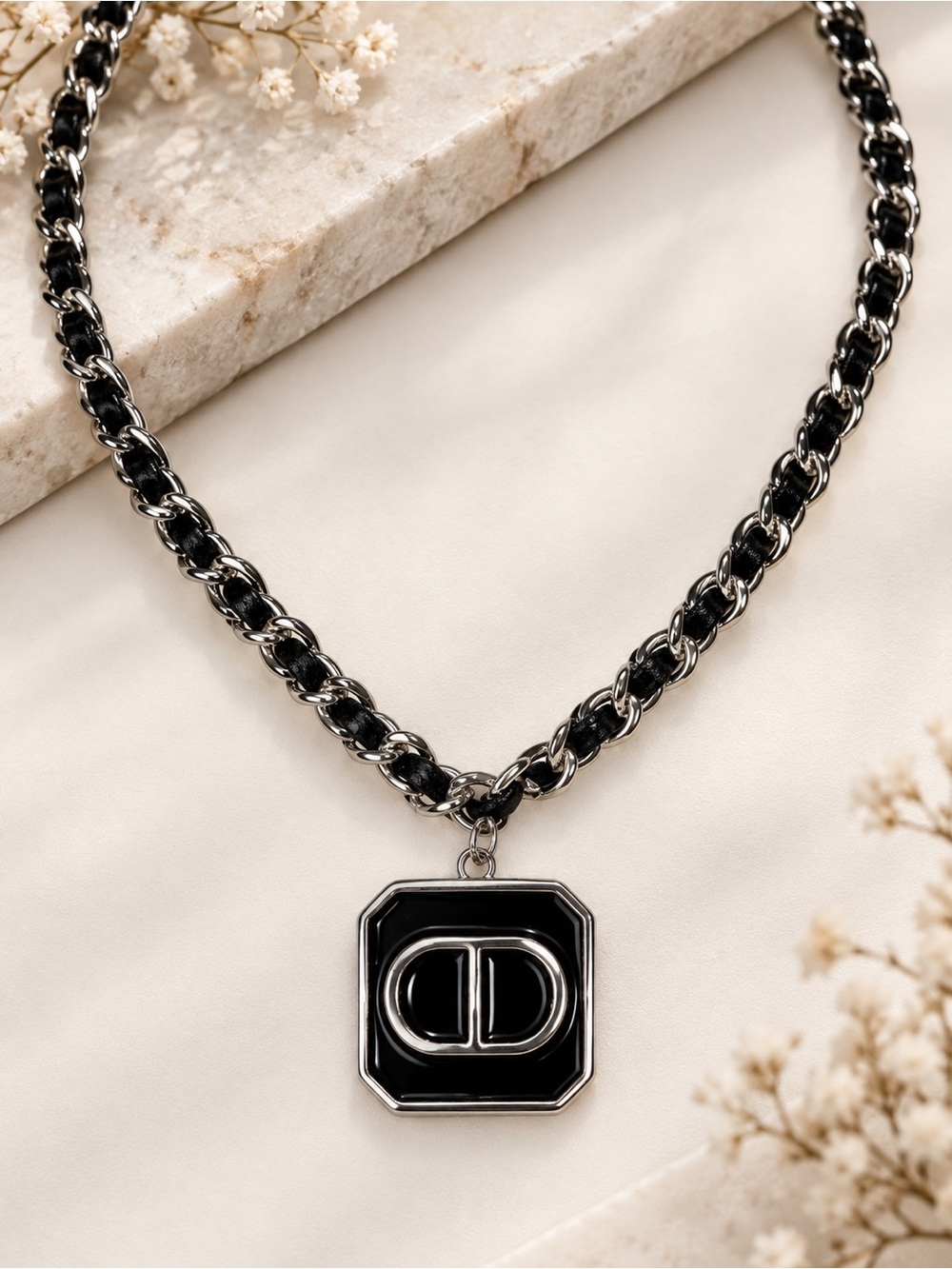 Black Enamel Monogram Pendant Necklace – Silver Stainless Steel Chain